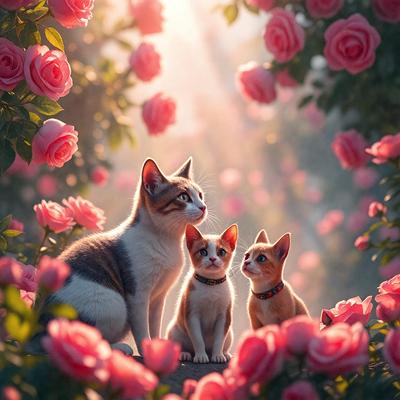 The primary subject of the image is a group of three cats sitting together in a flower garden. The setting is a beautiful, colorful garden filled with pink flowers. The visual style of the image is a digital art or illustration, creating a vibrant and lively atmosphere. The dominant colors in the scene are pink, which is prevalent in the flowers, and the cats' fur, which is predominantly white. The overall mood of the image is one of warmth, joy, and connection with